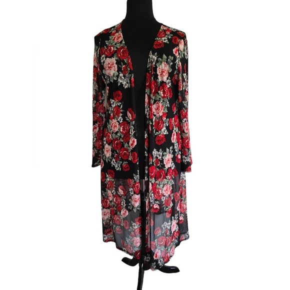 Plus Floral Duster Objex Jacket Vest Rose Red Black Mesh Romantic Bell 2X - Picture 2 of 6